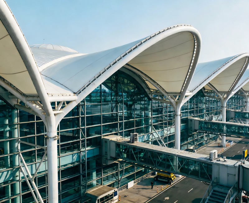 Terminal aeroportu&aacute;rio com estrutura de a&ccedil;o de grande v&atilde;o